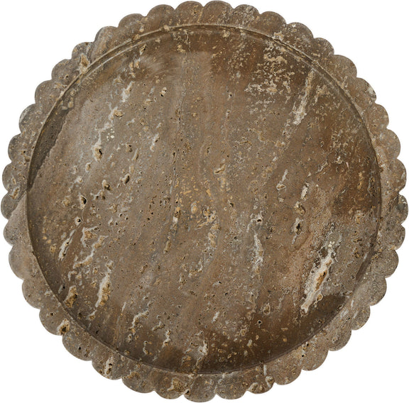 Round dark travertine tray with scalloped edge and speckled top.