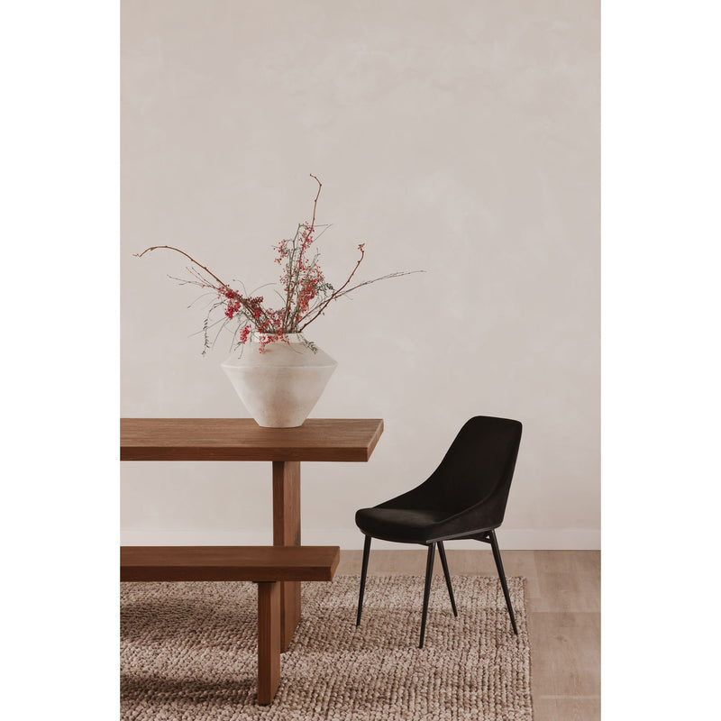 Amber oak dining table with stepped lower shelf and squared side supports