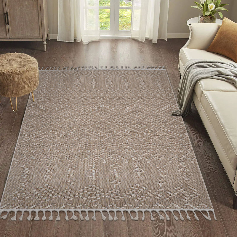 Traditional area rug in gray with diamond pattern and short fringed border