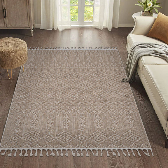 Natural geometric area rug with diamond motif and tasseled fringe edge