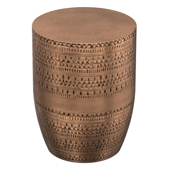Bronze metal drum accent table with embossed horizontal bands and round top