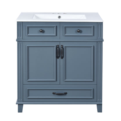 Blue bathroom vanity with white top, double drawers, and two cabinet doors