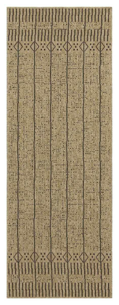 Indoor outdoor area rug with beige field and dark geometric border pattern, flatweave