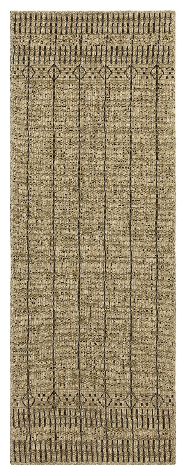 Indoor outdoor area rug with beige field and dark geometric border pattern, flatweave