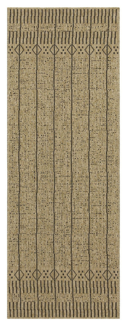 Light brown jute area rug with central vertical stripes and diamond end border