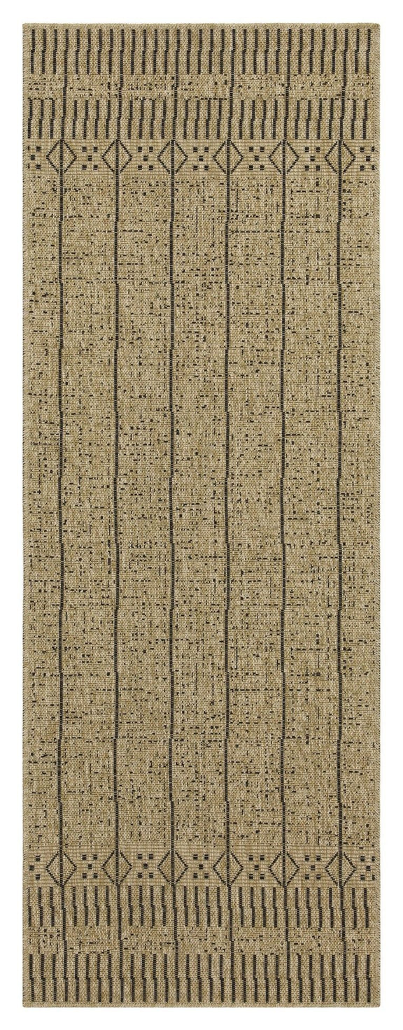Light brown jute area rug with central vertical stripes and diamond end border