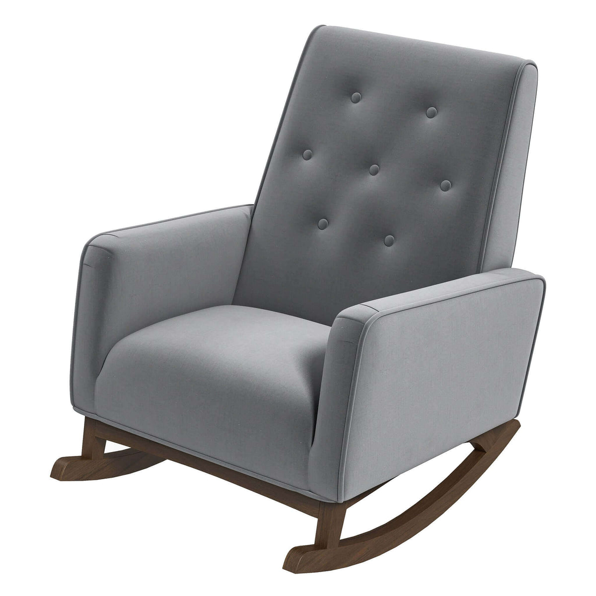 Tufted gray rocking chair with padded arms and curved wooden rockers