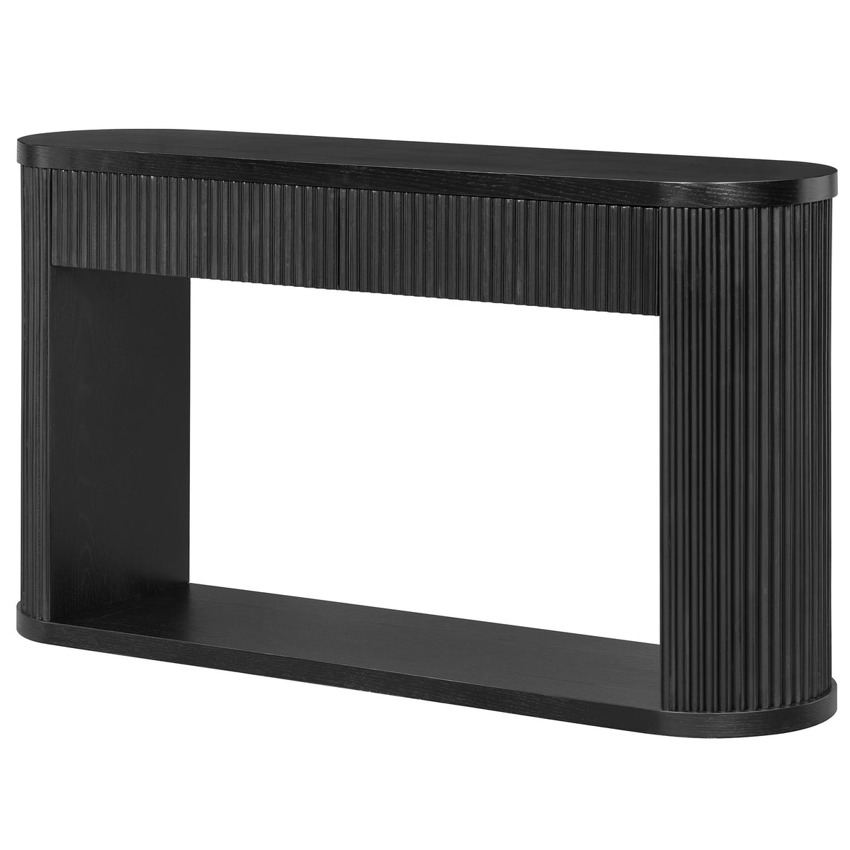 Black oval console table with fluted sides and open bottom shelf
