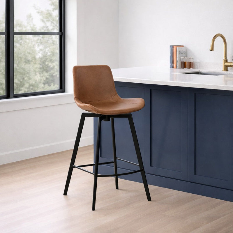 Brown cushioned counter stool with swivel base and curved backrest; black metal legs