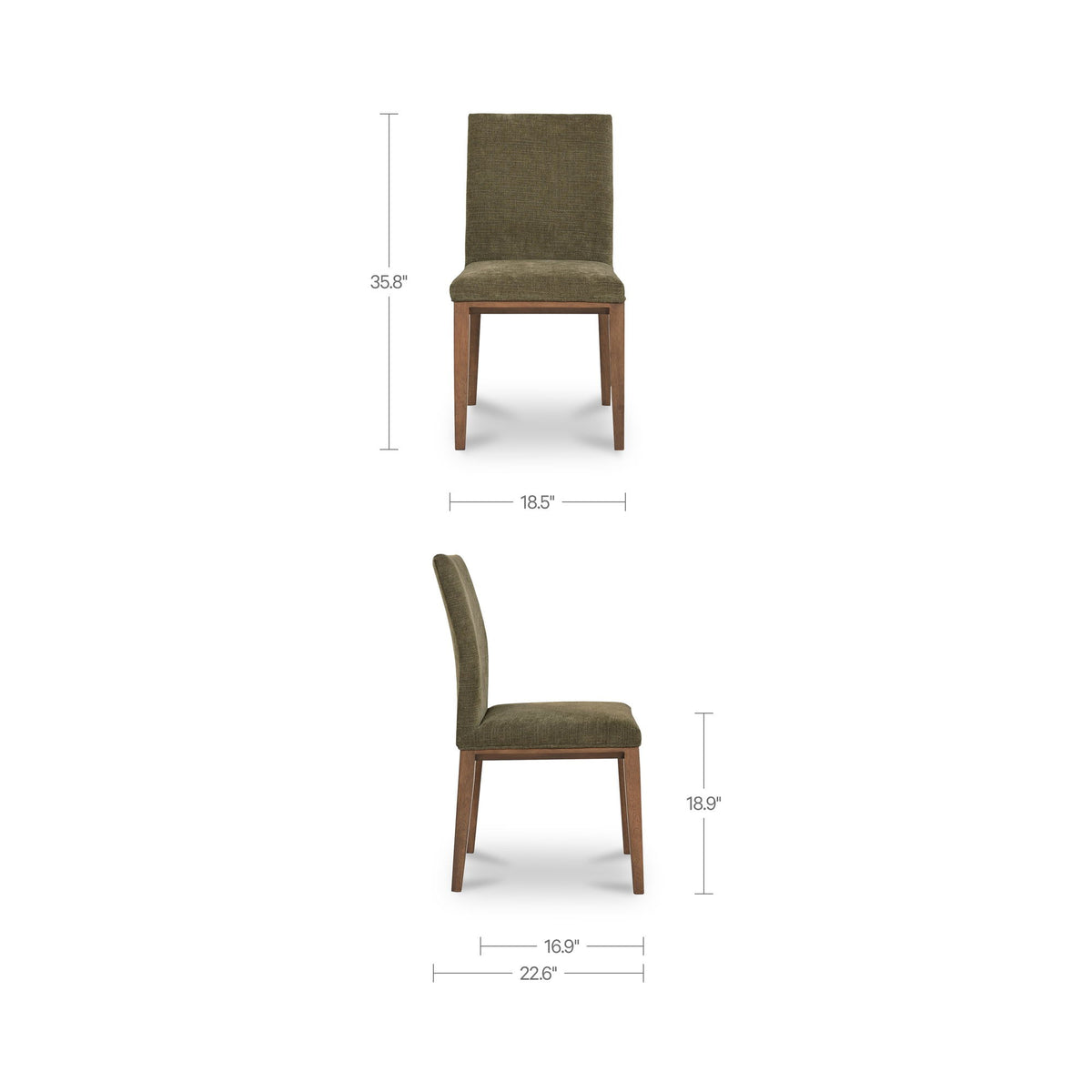 Olive dining chair with upholstered seat and tall back, wooden legs; shown with measurements