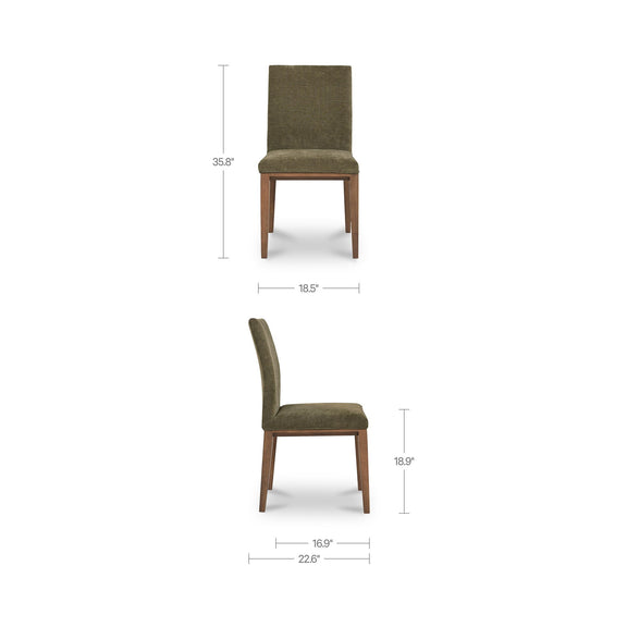 Olive dining chair with upholstered seat and tall back, wooden legs; shown with measurements