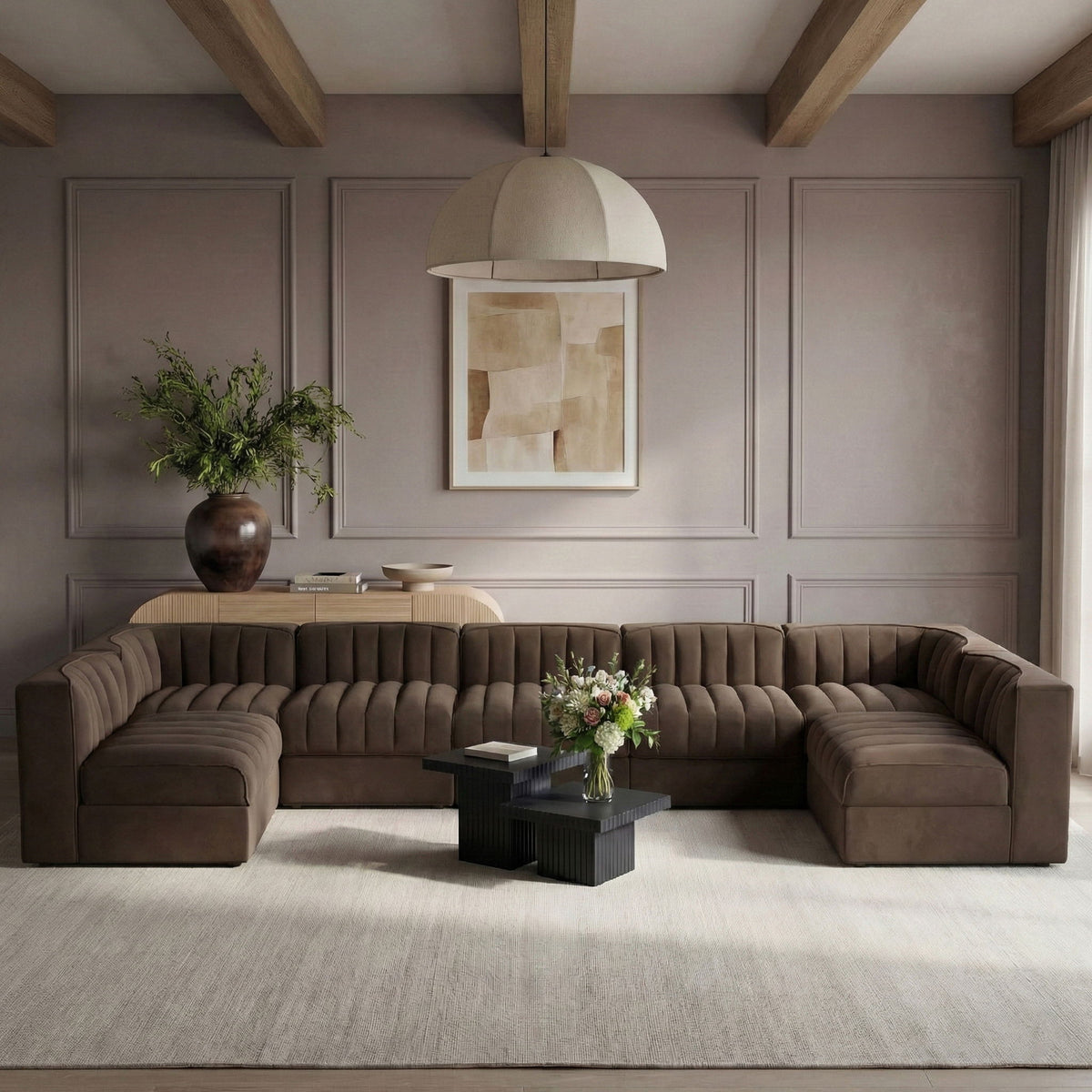 Rummi - Velvet Performance Fabric Upholstered 7 Piece Modular Sectional (With 2 Corner Chairs)