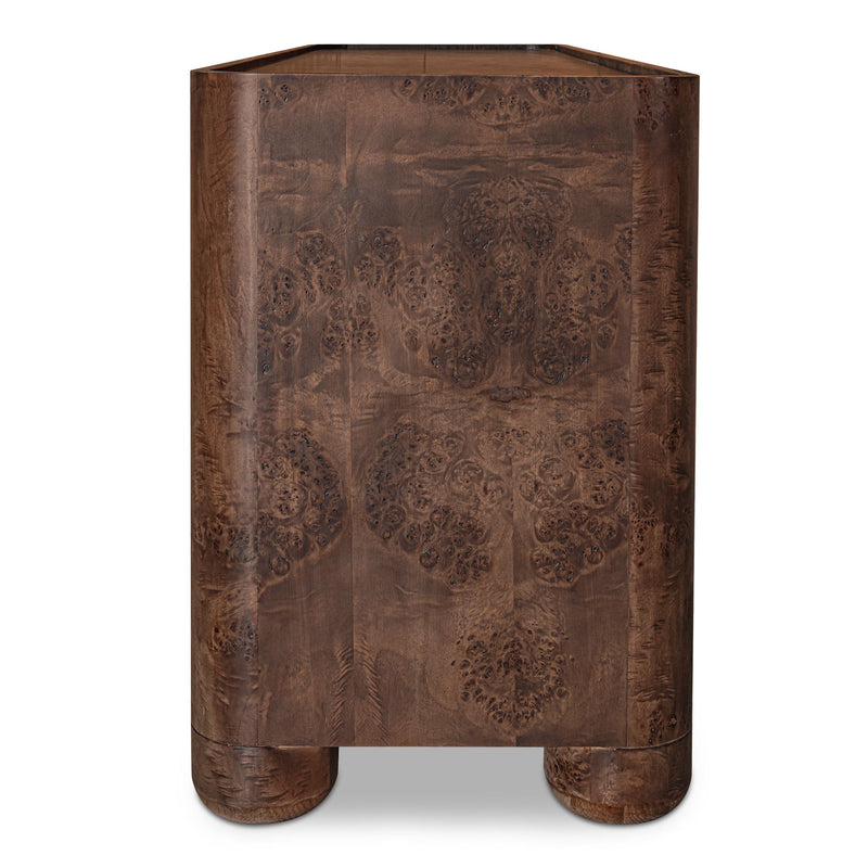 Gibson dark brown dresser side panel with patterned wood grain and rounded feet