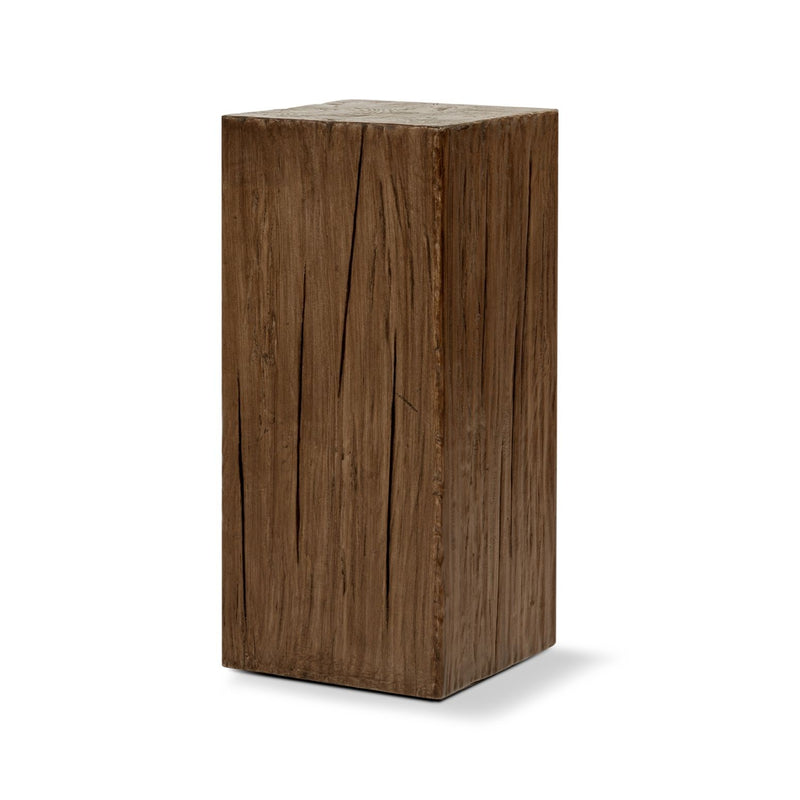 Tall dark brown wood side table with a square top and rustic grain
