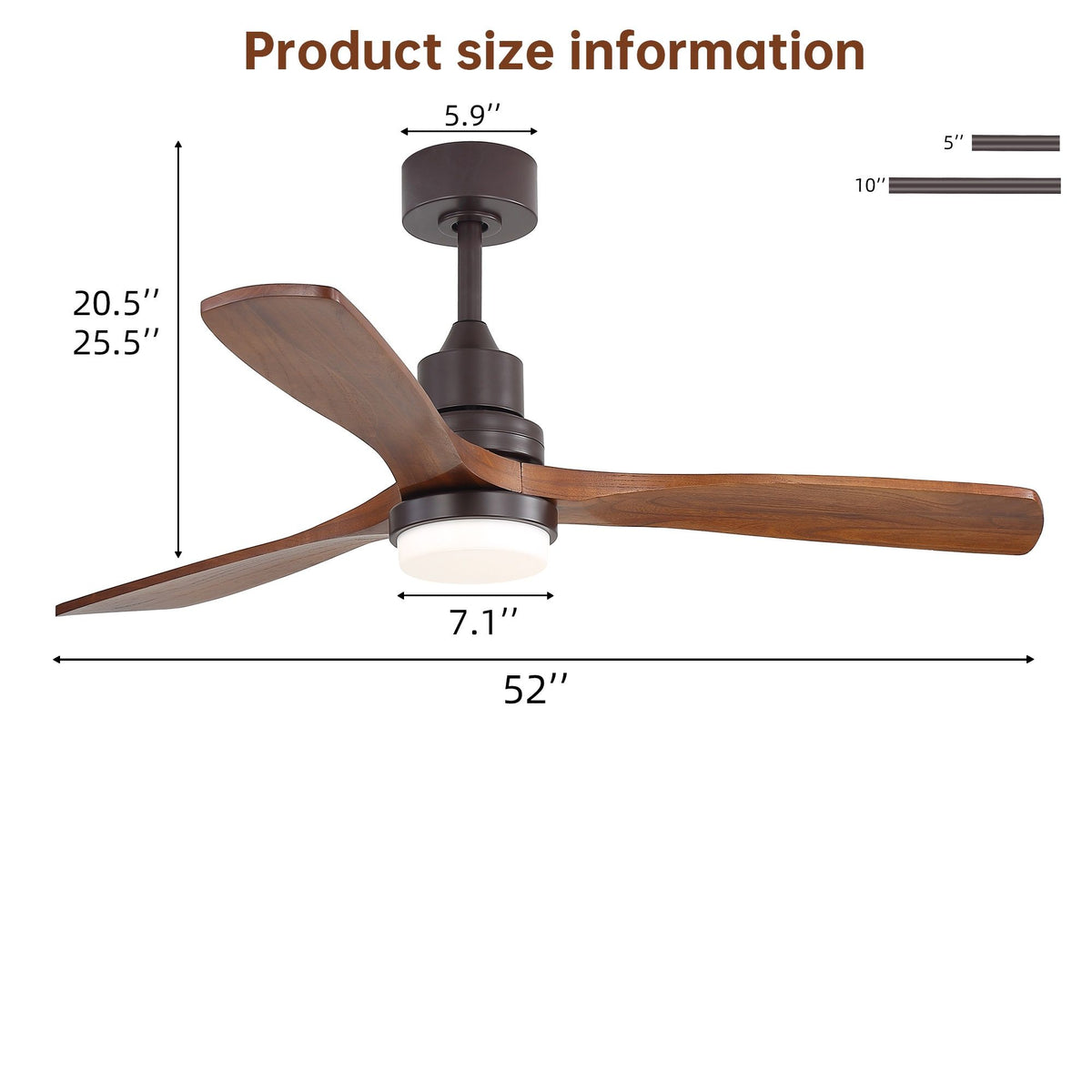 52 in ceiling fan with LED light, 3 blades, shown with size measurements