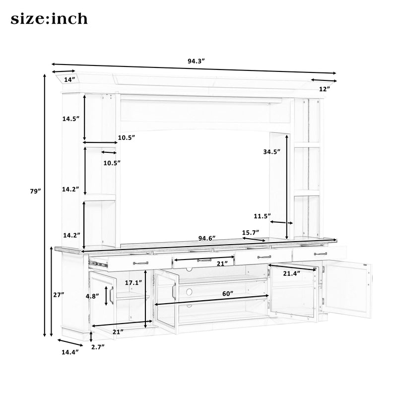 White TV stand dimension diagram with measurements for open shelves and storage cabinets