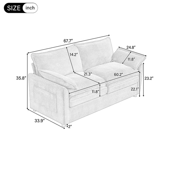 Loveseat size diagram in inches, 67.7in width with double back cushions