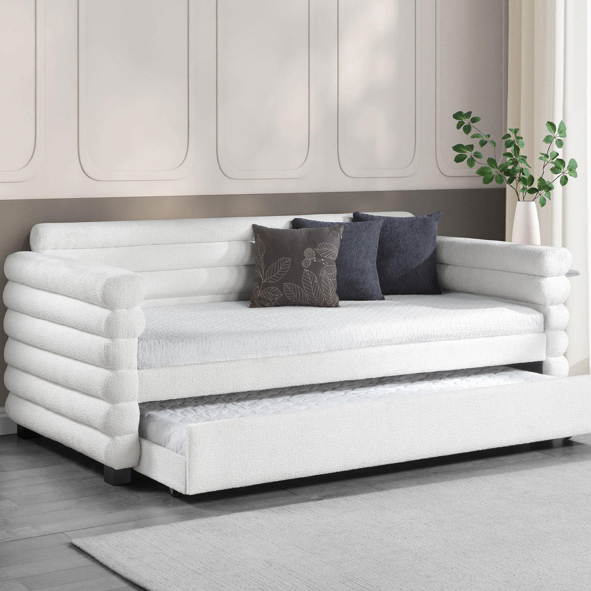 Patricia Boucle Upholstered Twin Day Bed with Trundle White
