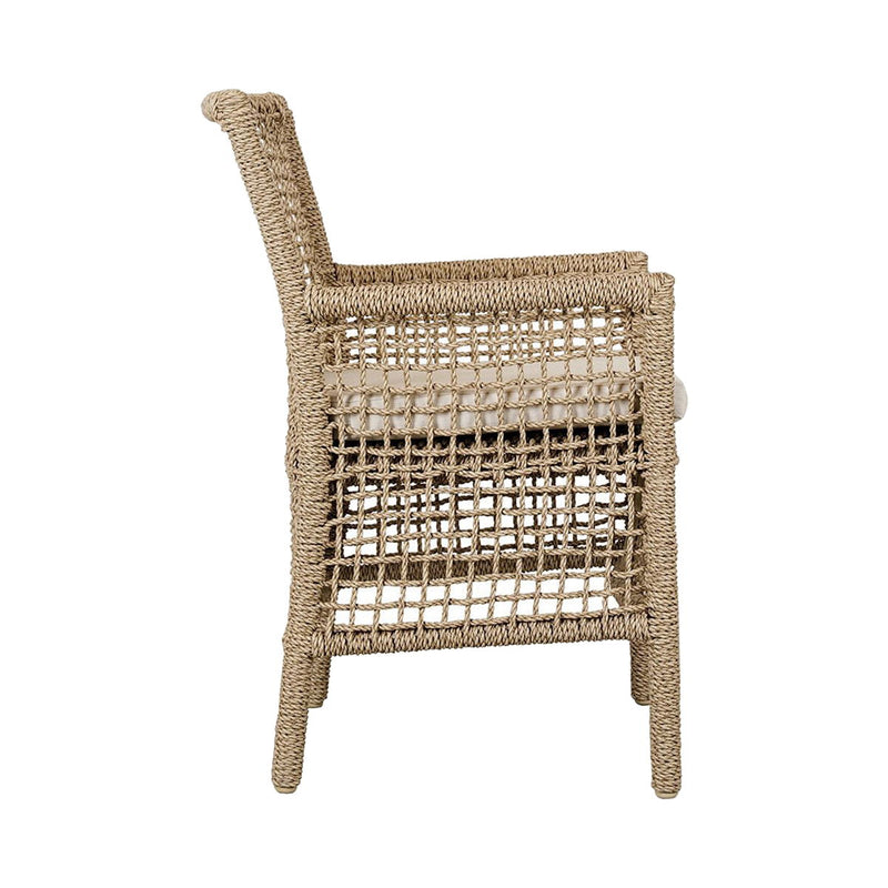 Natural woven outdoor dining chair with high back and crosshatch seat panel