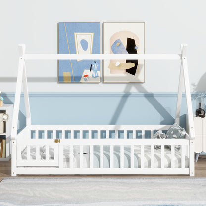 Twin Tent-shaped Floor Bed, Teepee Bed with Guardrails, Slats and Door, White