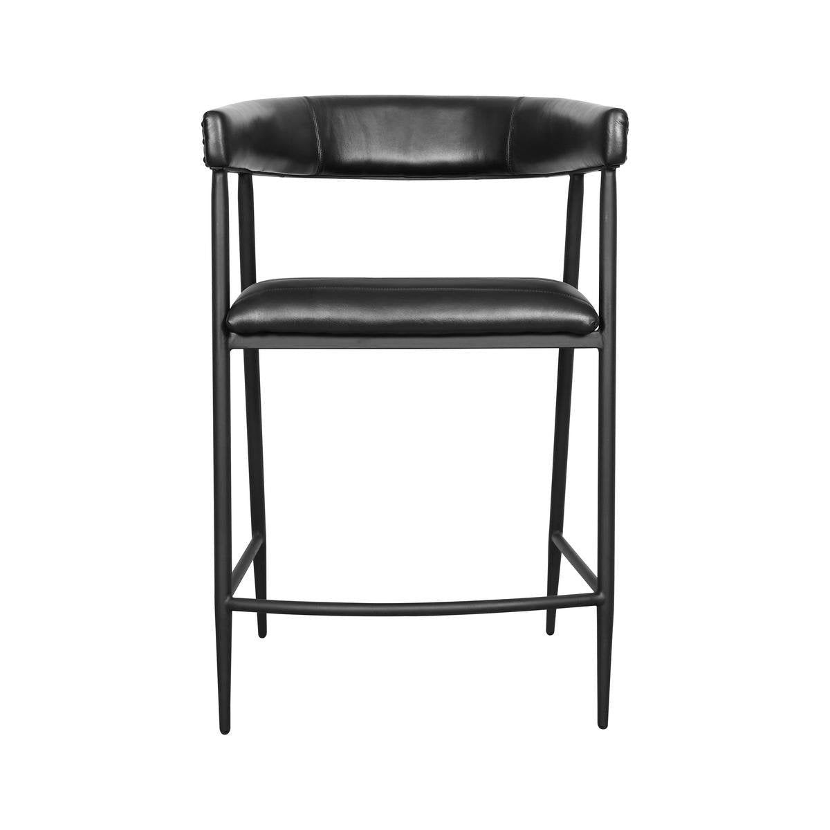Dark faux-leather counter stool with cushioned seat, backrest, and four legs