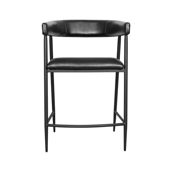 Dark faux-leather counter stool with cushioned seat, backrest, and four legs