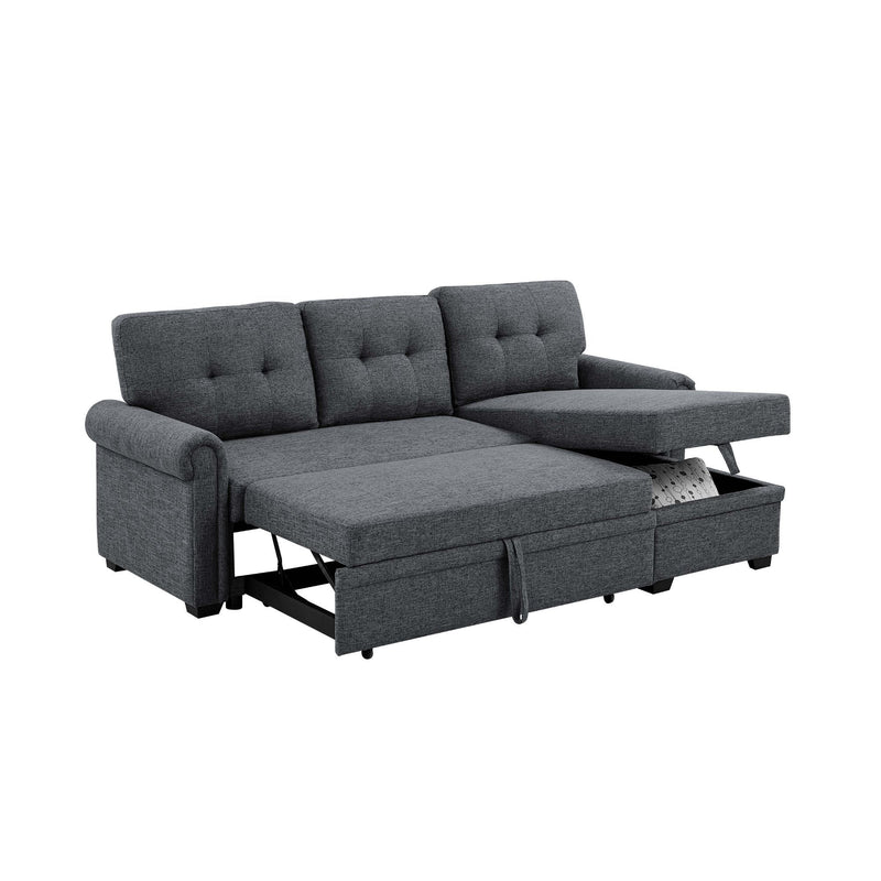 Dark gray upholstered sleeper sofa with tufted back, pull-out chaise bed, storage ottoman