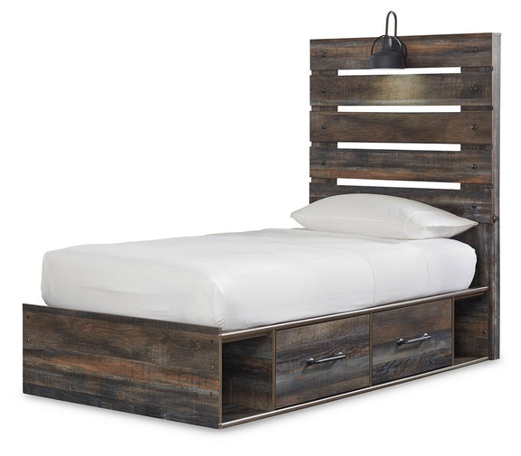 Dark wood panel bed with slatted headboard, white bedding, and drawer storage at the front