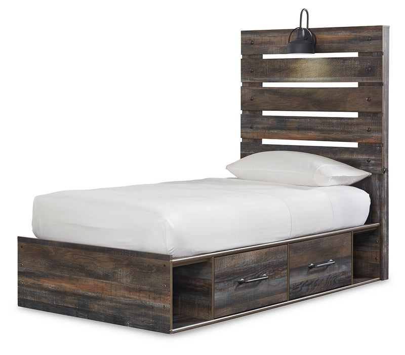 Dark wood panel bed with slatted headboard, white bedding, and drawer storage at the front