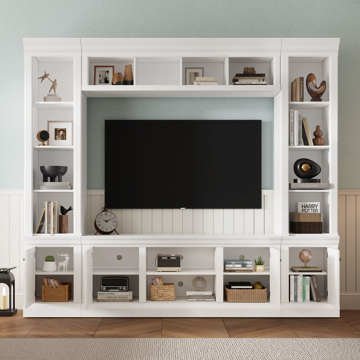 White entertainment center with hutch, open side shelves, and multiple cabinet doors below