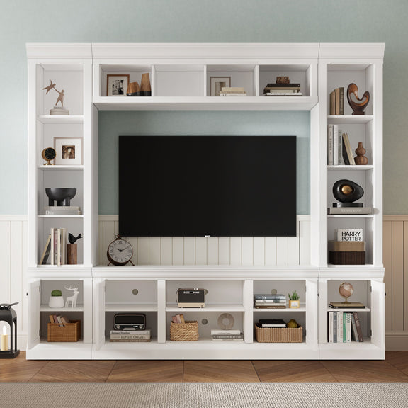 White entertainment center with hutch, open side shelves, and multiple cabinet doors below