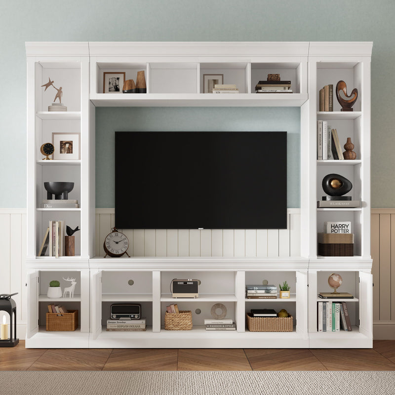 White entertainment center with hutch, open side shelves, and multiple cabinet doors below