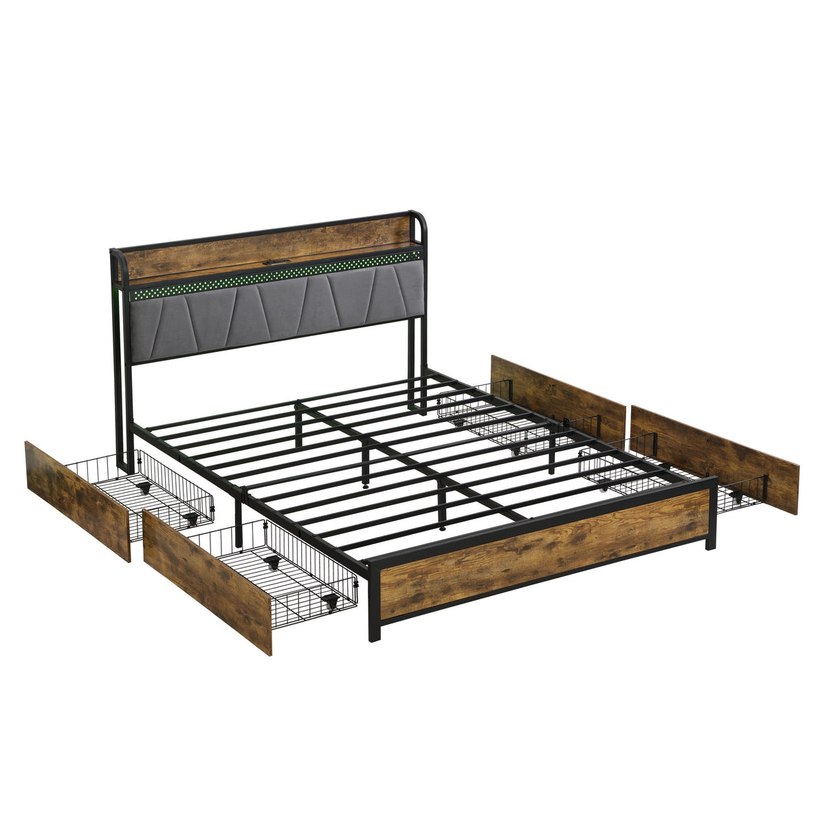 Bed frame with gray tufted headboard, black metal slats, side mesh storage compartments