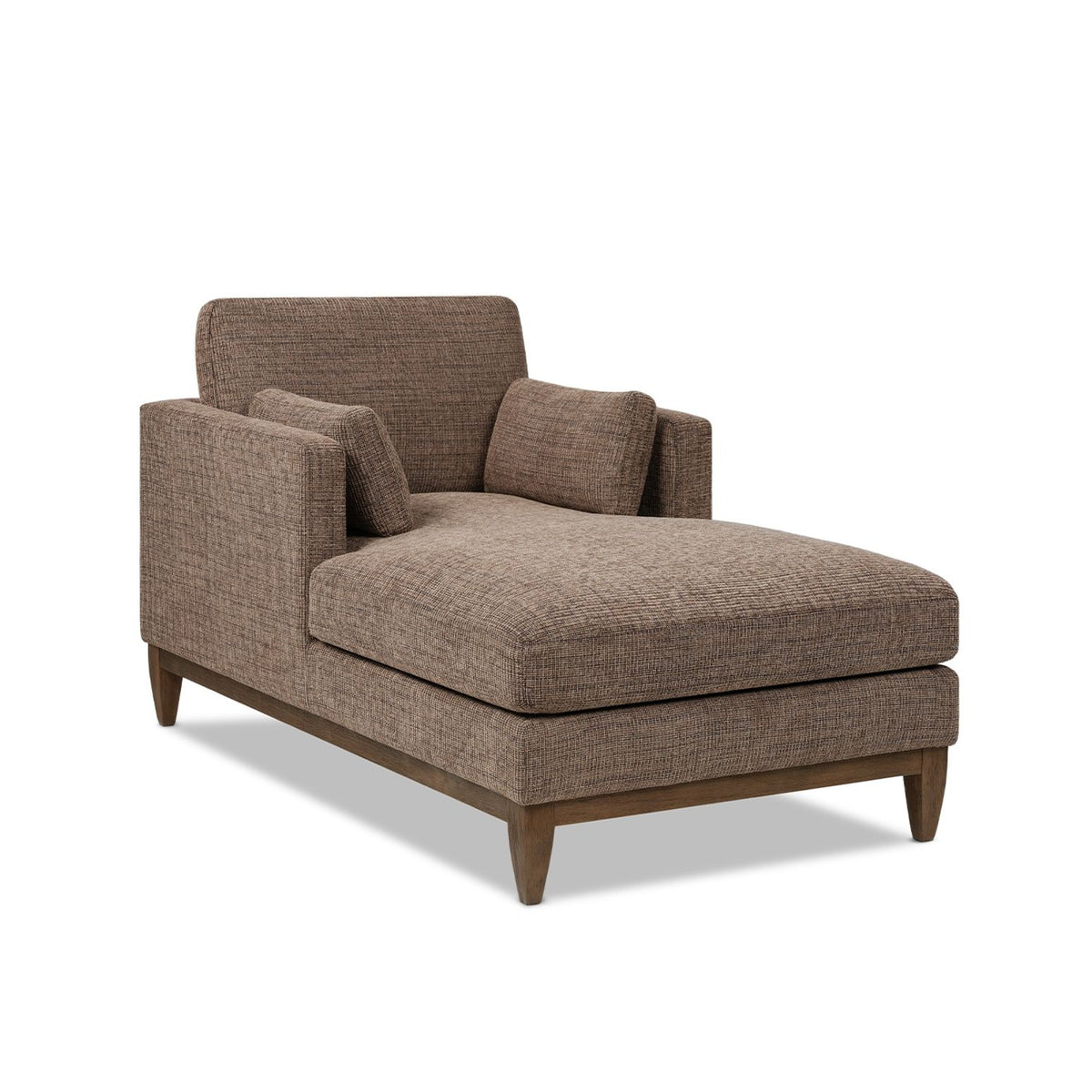 Dark brown fabric chaise lounge chair with wide arms and thick seat cushion
