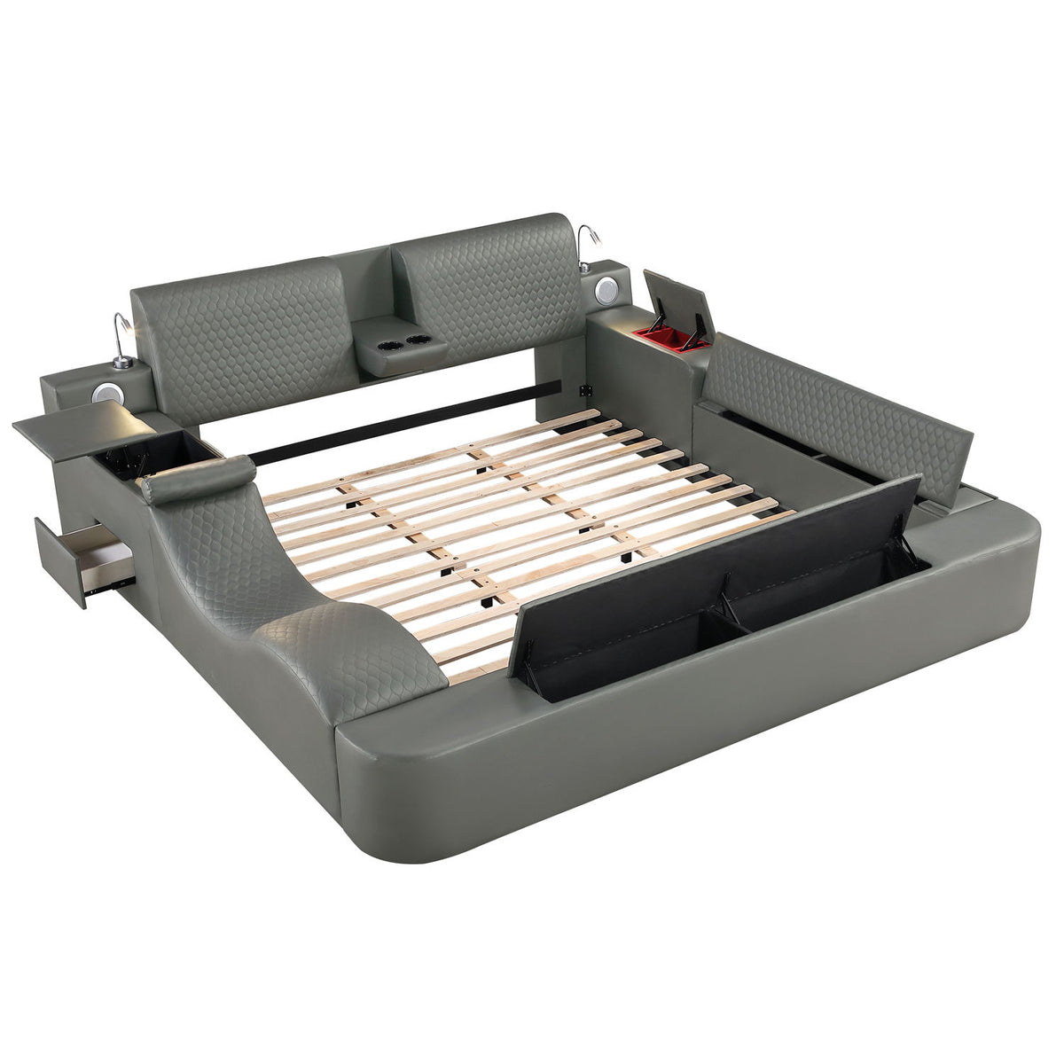 Dark gray multifunctional massage bed with padded headboard and slatted base