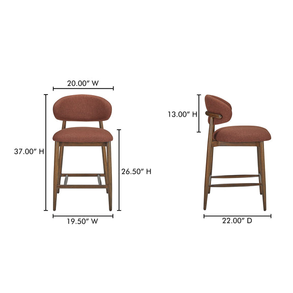 Rust upholstered counter stool with rounded back, padded seat, wood frame and footrest