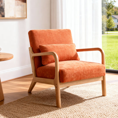 Mid Century Modern Armchair, Accent Chair with Solid Wood Frame and Detachable Lumbar Pillow for Living Room, Bedroom, Office, Orange, Mid-Century Modern