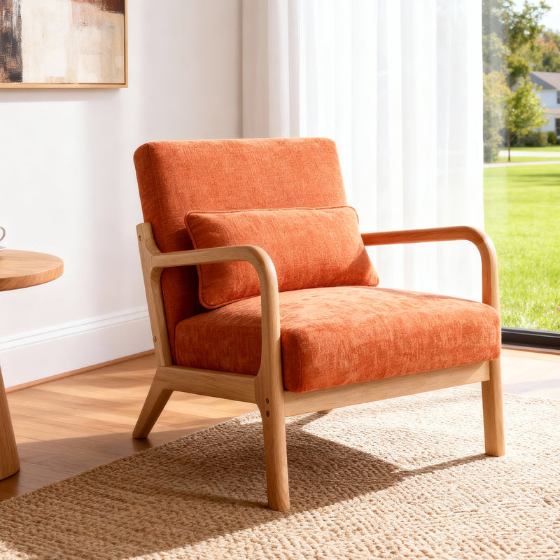 Mid Century Modern Armchair, Accent Chair with Solid Wood Frame and Detachable Lumbar Pillow for Living Room, Bedroom, Office, Orange, Mid-Century Modern