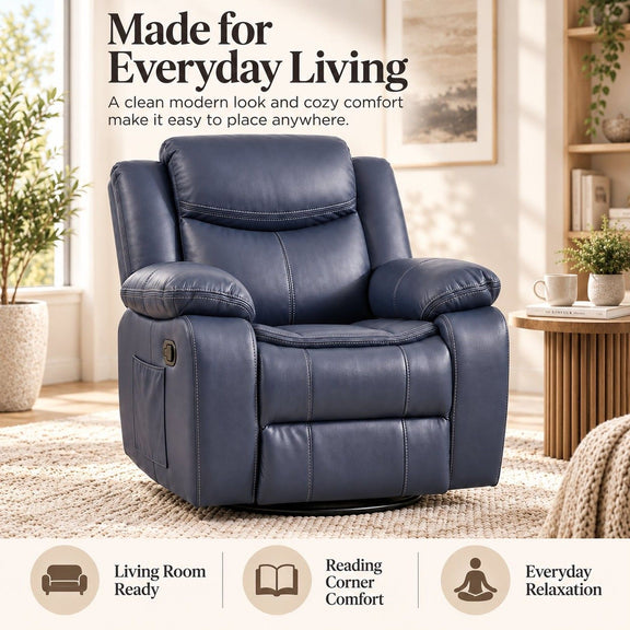 Blue rocker recliner chair with tall back and cushioned armrests