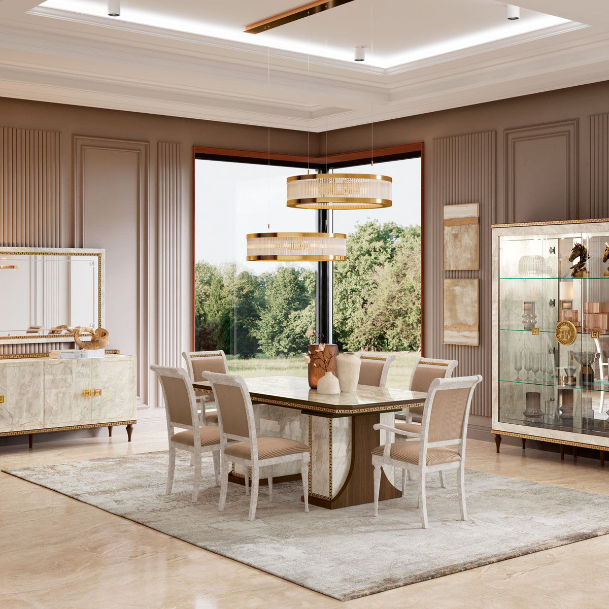Dining table with two extensions, light beige top and walnut pedestal base in dining room