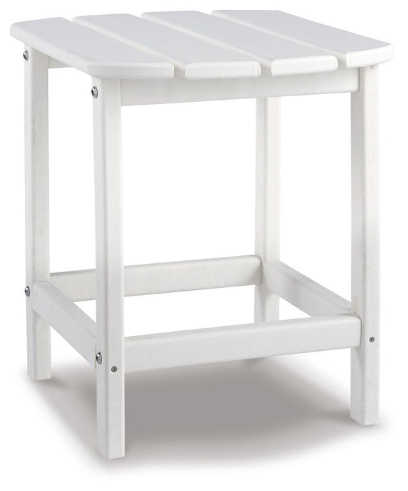 White outdoor end table with slatted tabletop and open lower shelf.