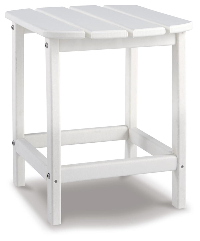 White outdoor end table with slatted tabletop and open lower shelf.