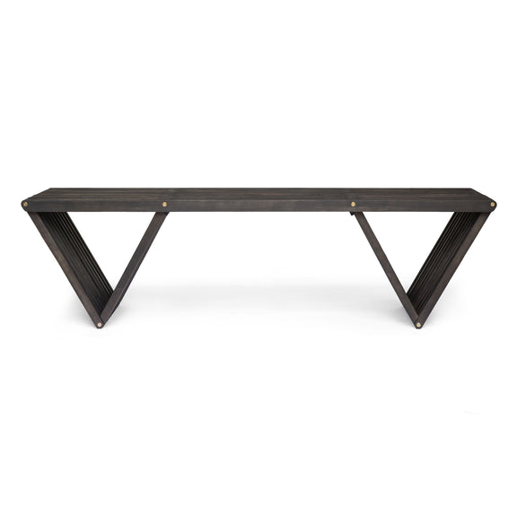 Dark gray slatted bench with triangular supports and angled metal legs