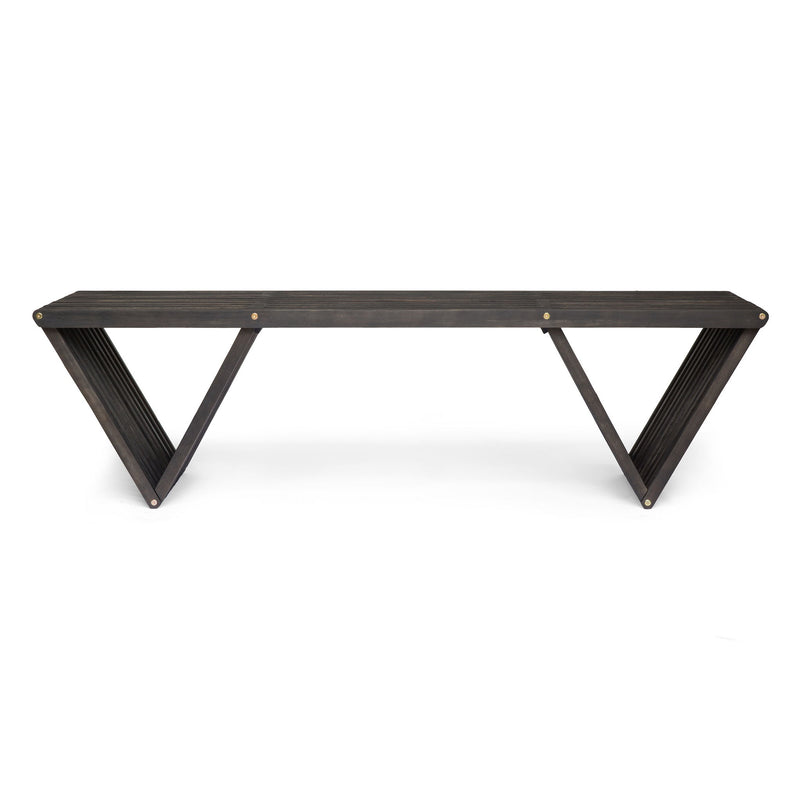 Dark gray slatted bench with triangular supports and angled metal legs