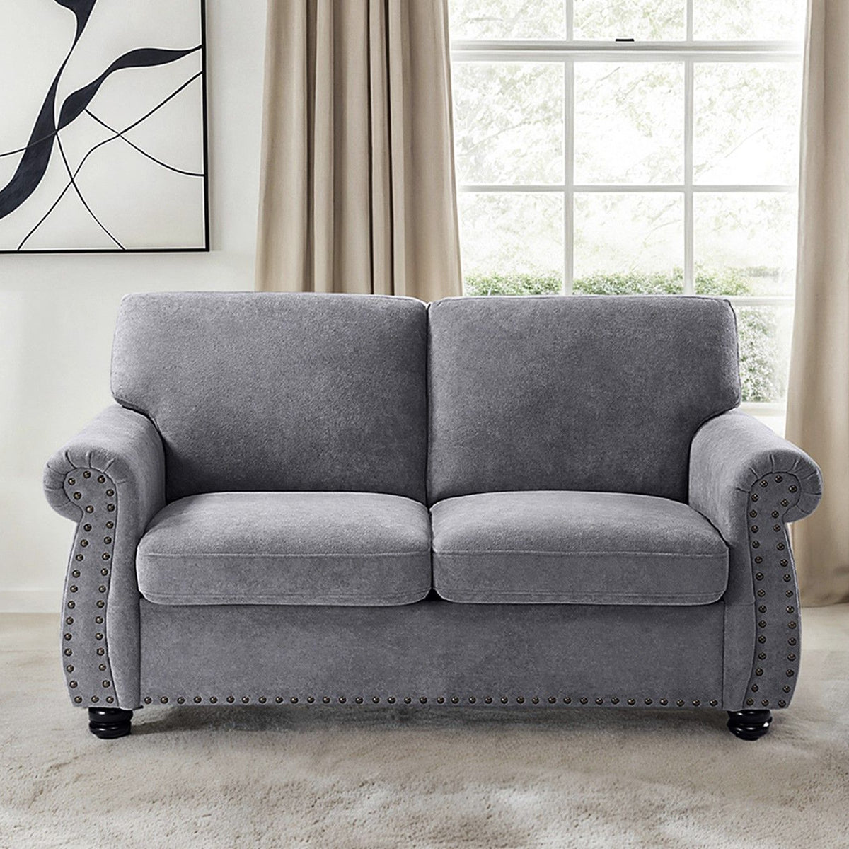 Soft Loveseat, Upholstered 2 Seater Couch, Loose Back Cushions And Turned Legs