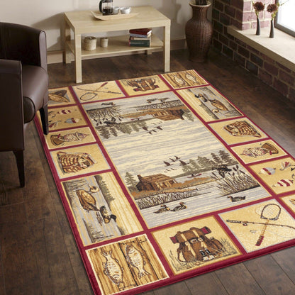 Rectangular lodge area rug with cream center, red border, vintage scene medallion pattern