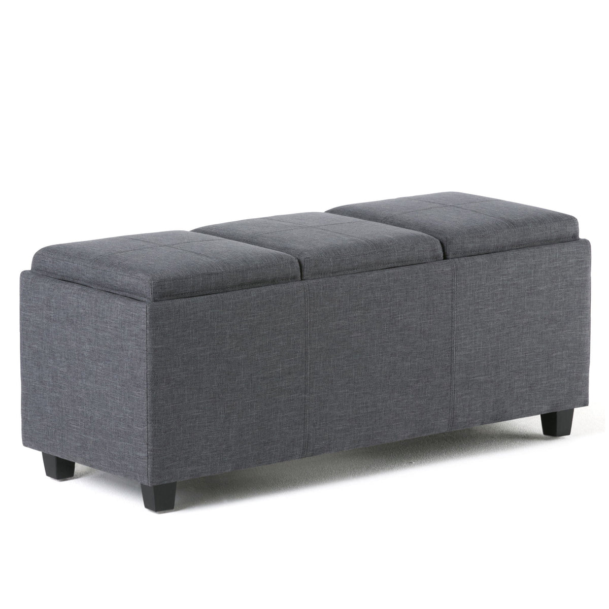 Upholstered storage ottoman in dark gray fabric, split-cushion top and square arms