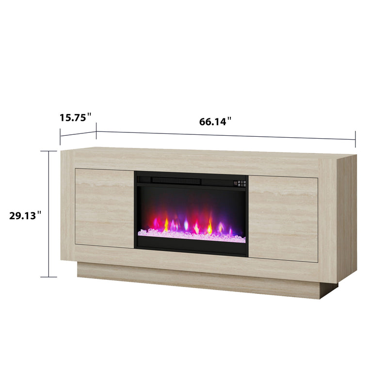Beige TV console with electric fireplace insert, wide center opening and side storage