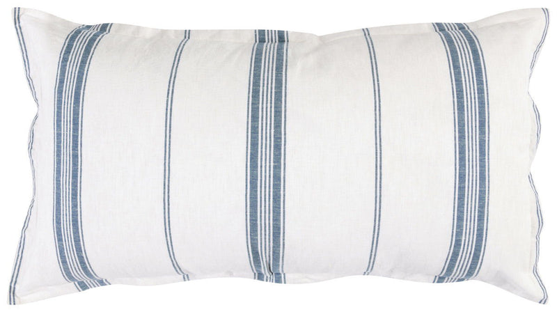 Striped pillow sham, white with blue vertical stripes and ruffled edges