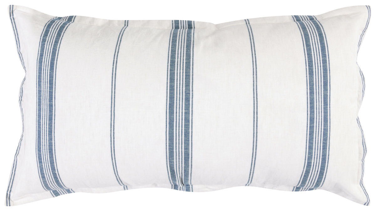 Linen-cashmere sham in white with blue vertical stripe stitching, rectangular shape